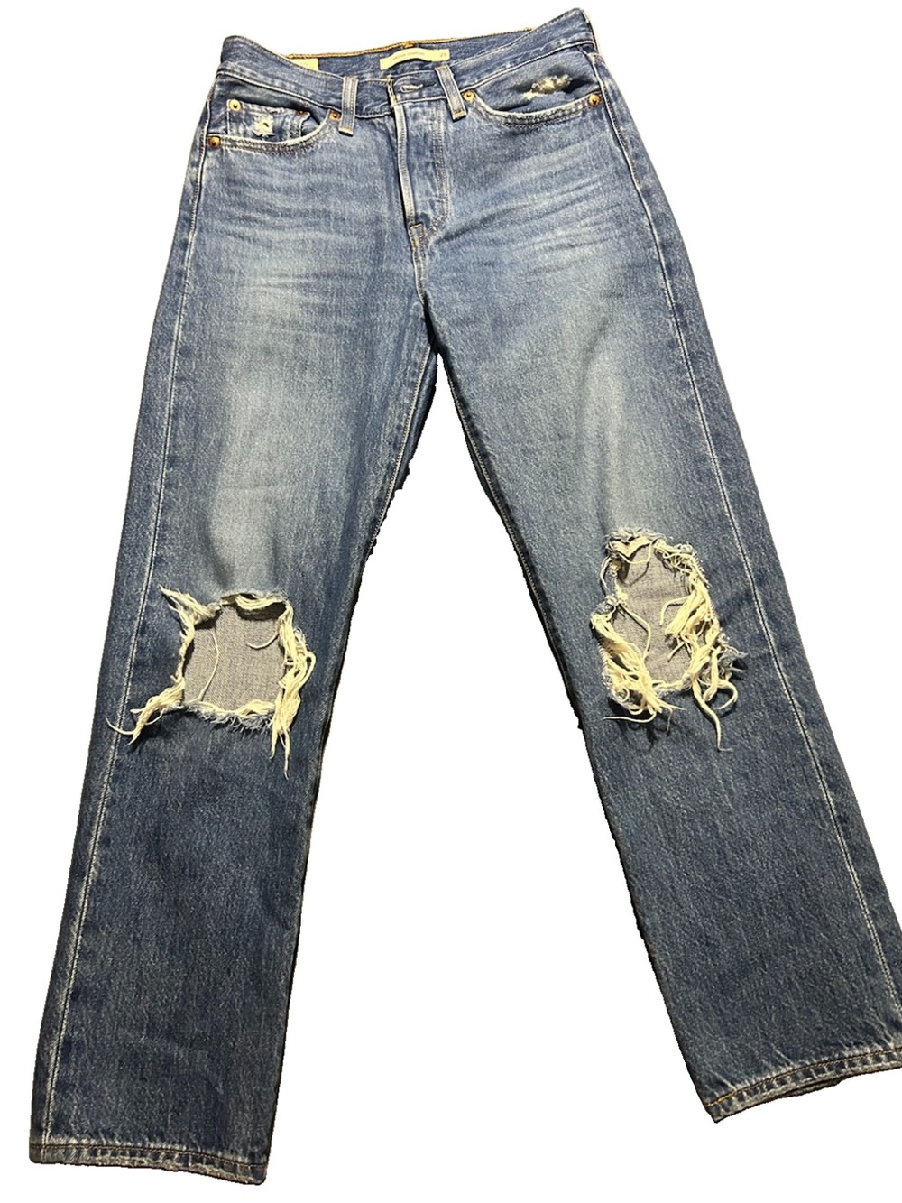Levi’s Premium Wedgie Straight Jeans Distressed Destroyed Knee Size 25 Blue Wash